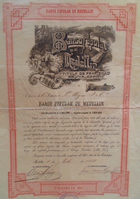 Título de propiedad de una acción del Banco Popular de Medellín. 1899