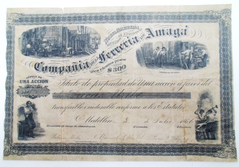 Título de propiedad de una acción de la Ferrería de Amagá. 1866