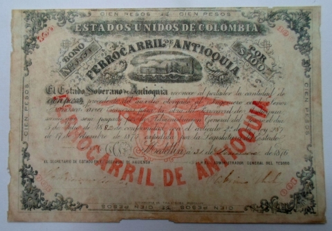 Bono por $100 del Ferrocarril de Antioquia. 1876