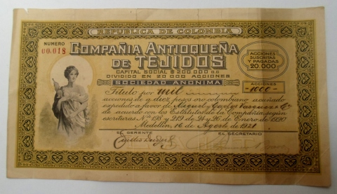 Título de Acciones de la Compañía Antioqueña de Tejidos. 1921